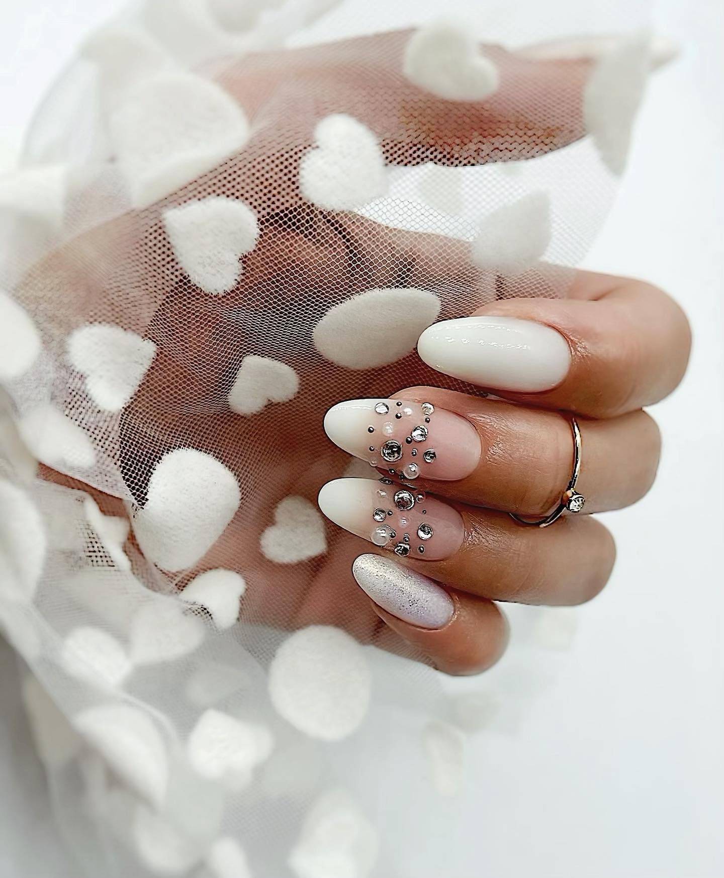 White Round Nails with Diamonds