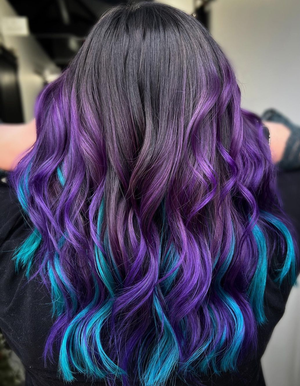 Aqua and Purple Ombre on Long Dark Hair