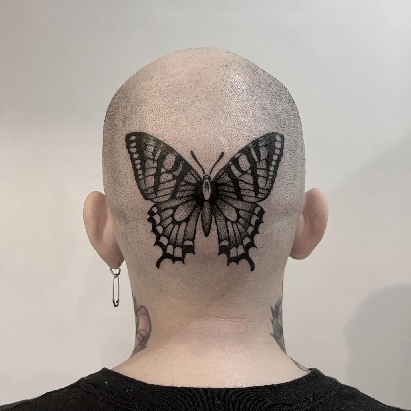Big Black Butterfly Tattoo on Head