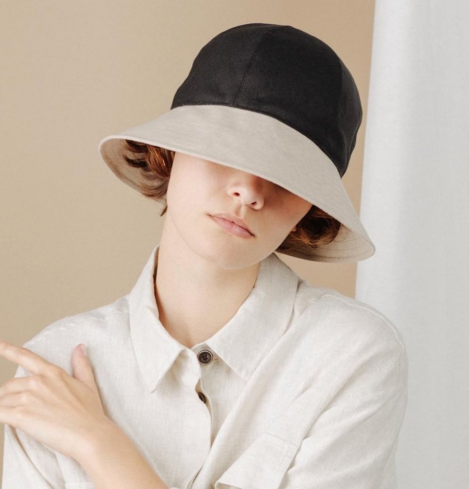 Black and Natural Linen Cloche Hat for Women