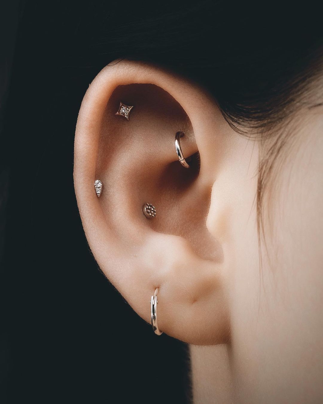 Constellation Ear Piercing Matched with Silver Hoops