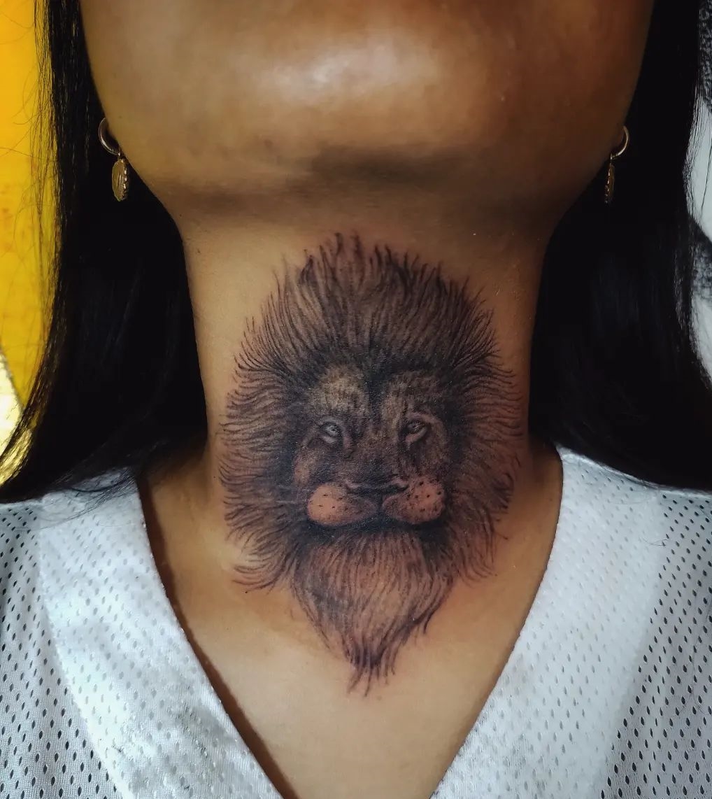 Front Neck Lion Head Tattoo for Women