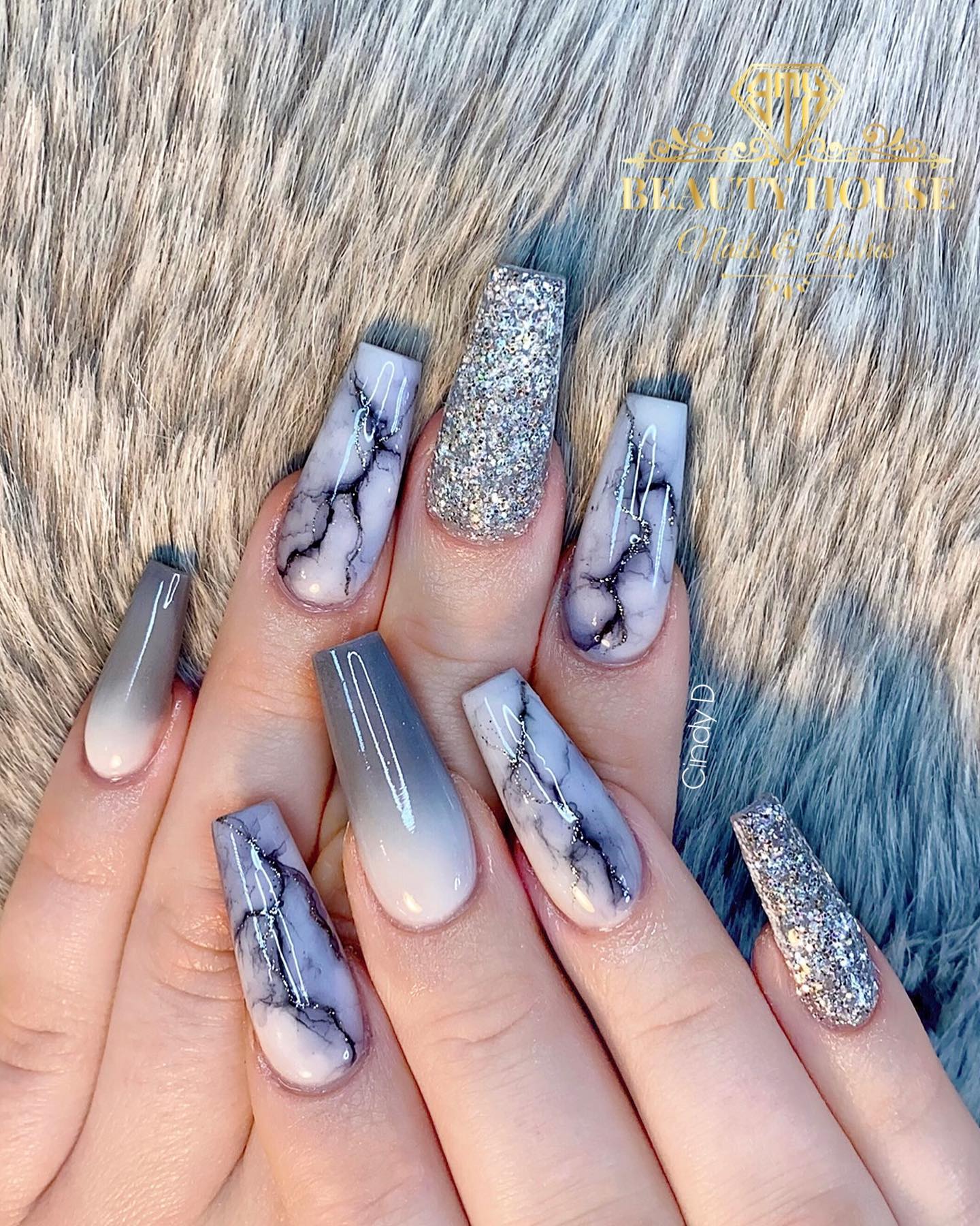 Grey Marble Design on Long Coffin Nails