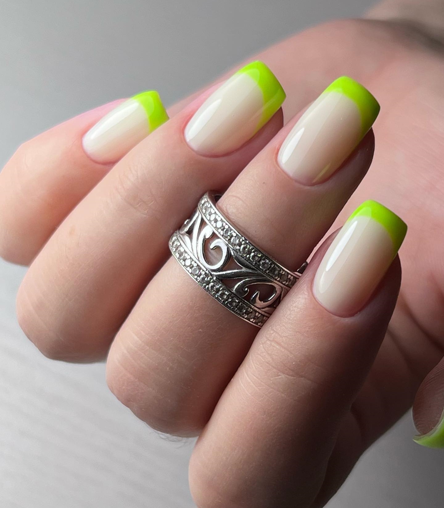 Light Green French Nail Tips with Milky Base