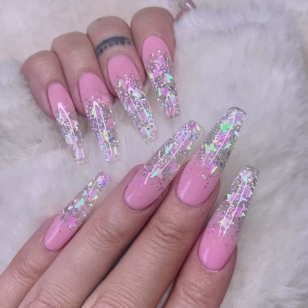 Light Pink Coffin Nails With Glitter