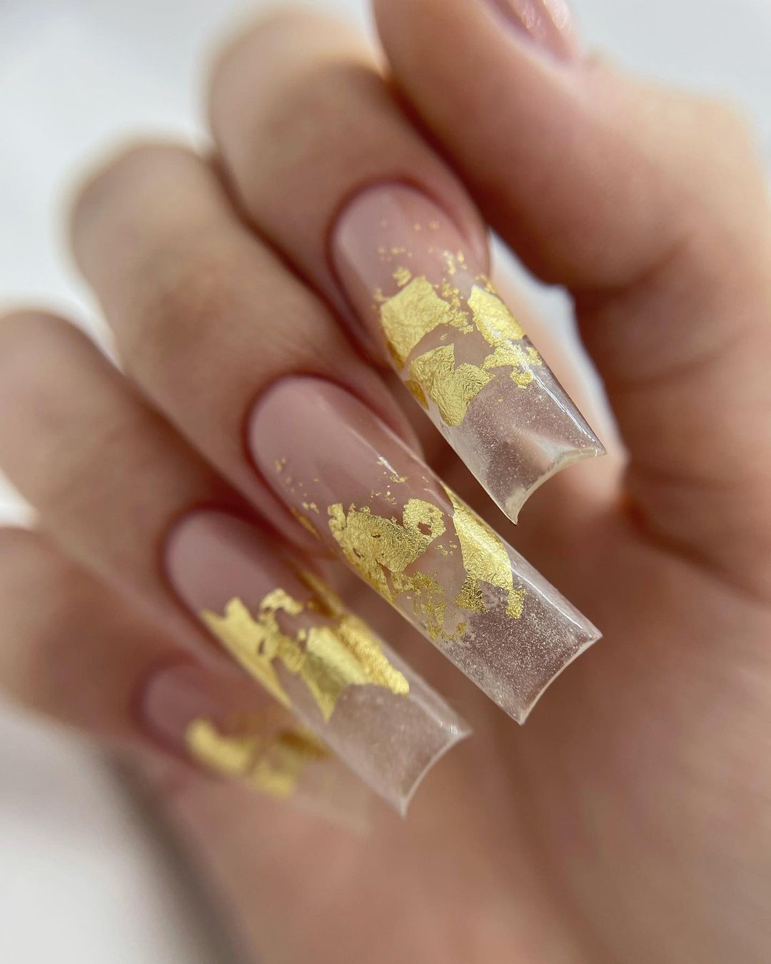 Long Clear Nails with Gold Foil