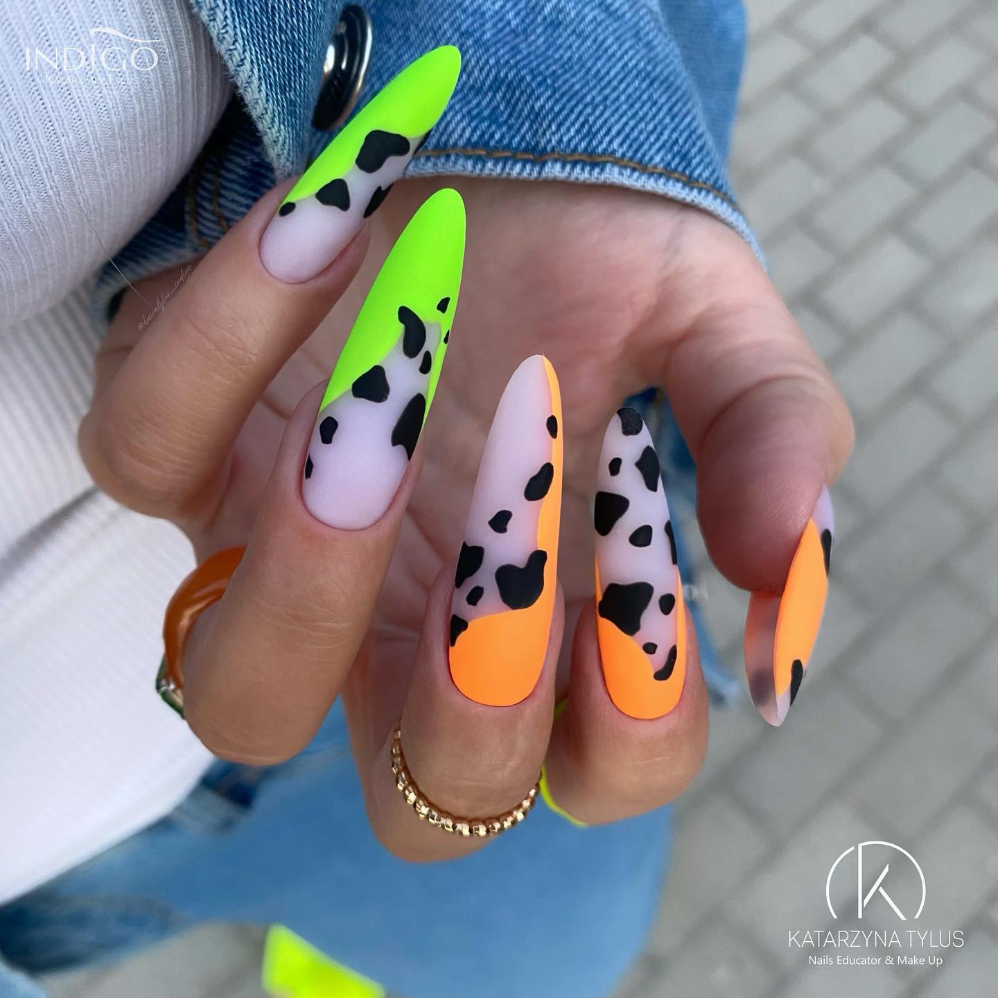 Long Neon Matte Nails with Cow Print Design
