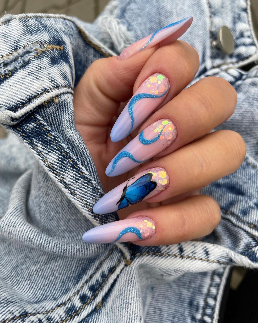 Long Ombre Nails with Butterfly Design