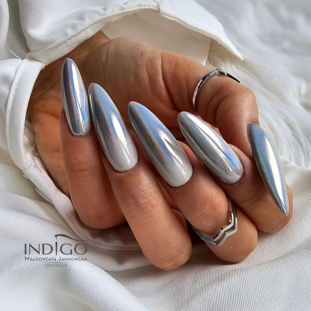 Long Oval Silver Chrome Nails