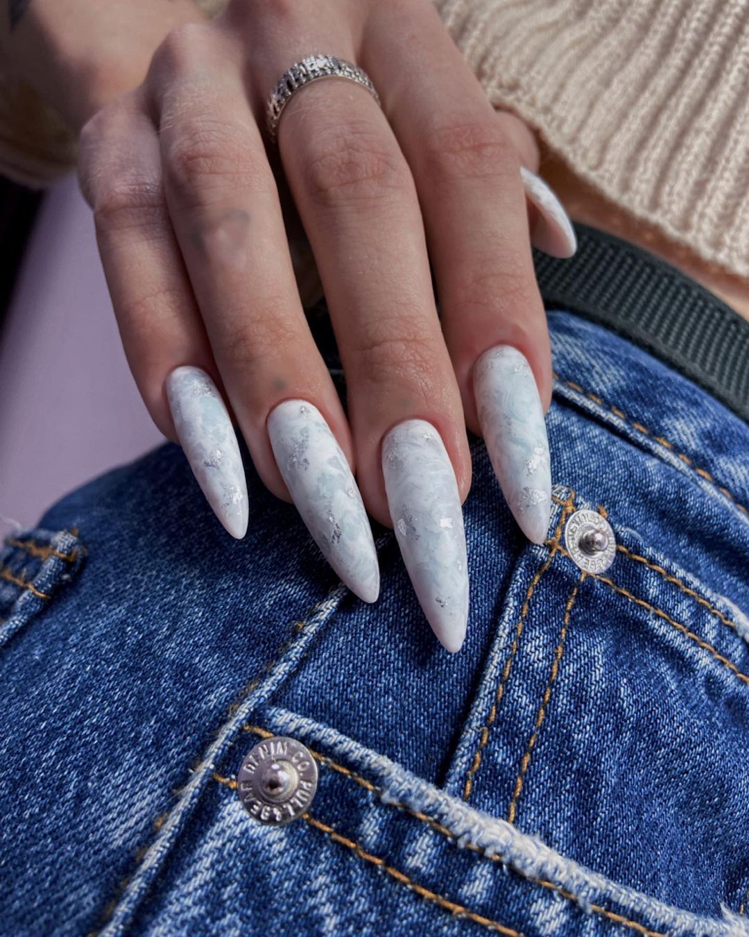 Long Pointy Gray Marble Nails