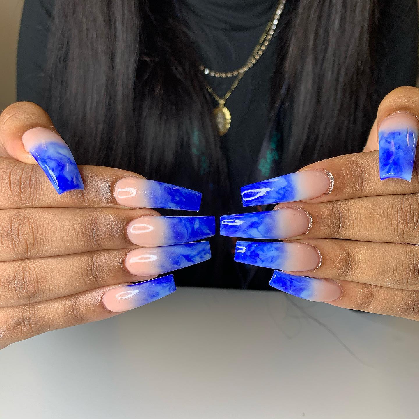 Long Square Royal Blue Ombre Nails