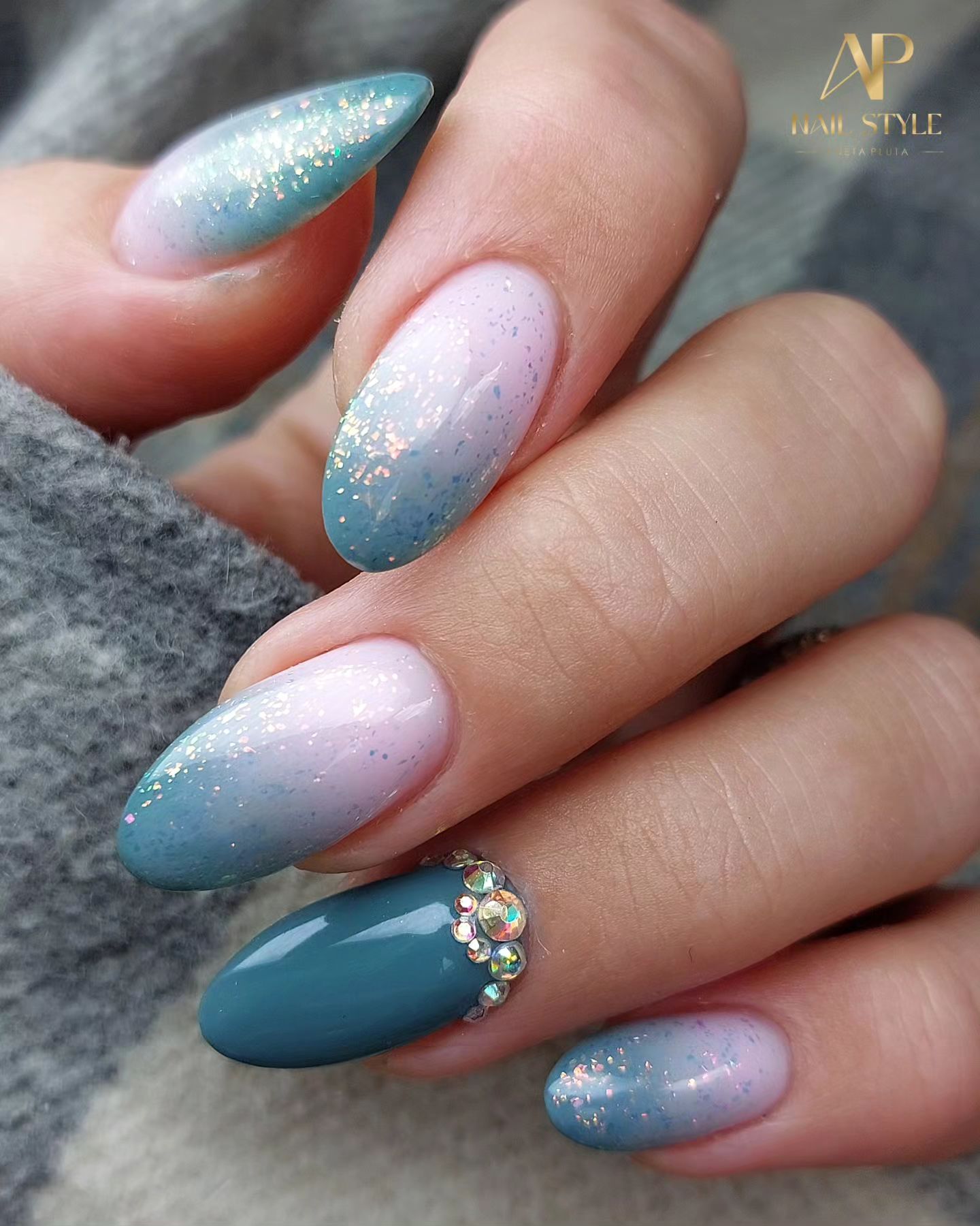 Nude to Blue Ombre Nails with Rhinestones