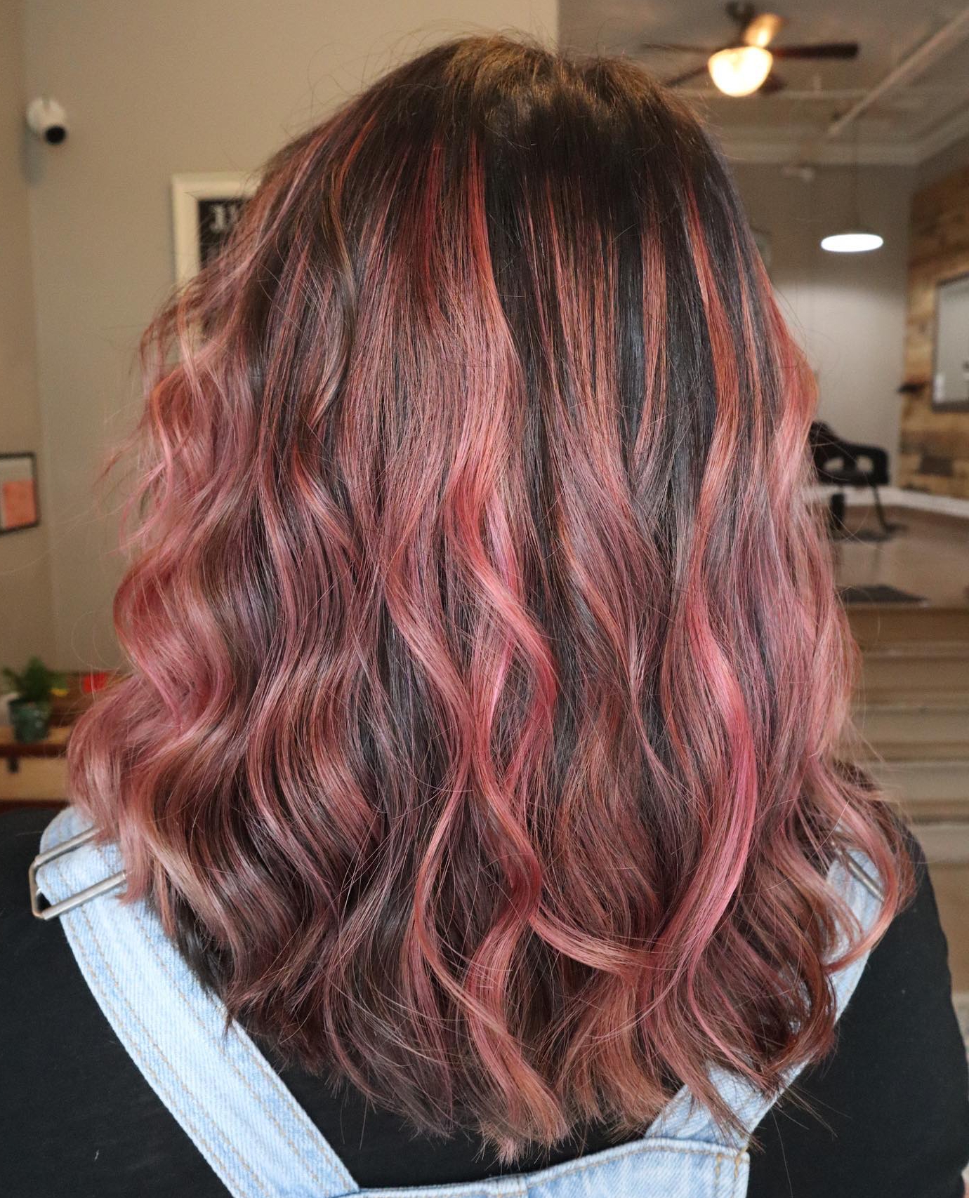Rose Gold Highlights on Medium Length Dark Hair