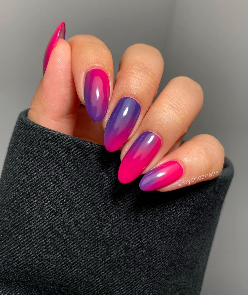 Short Almond Blue-to-Pink Ombre Nails