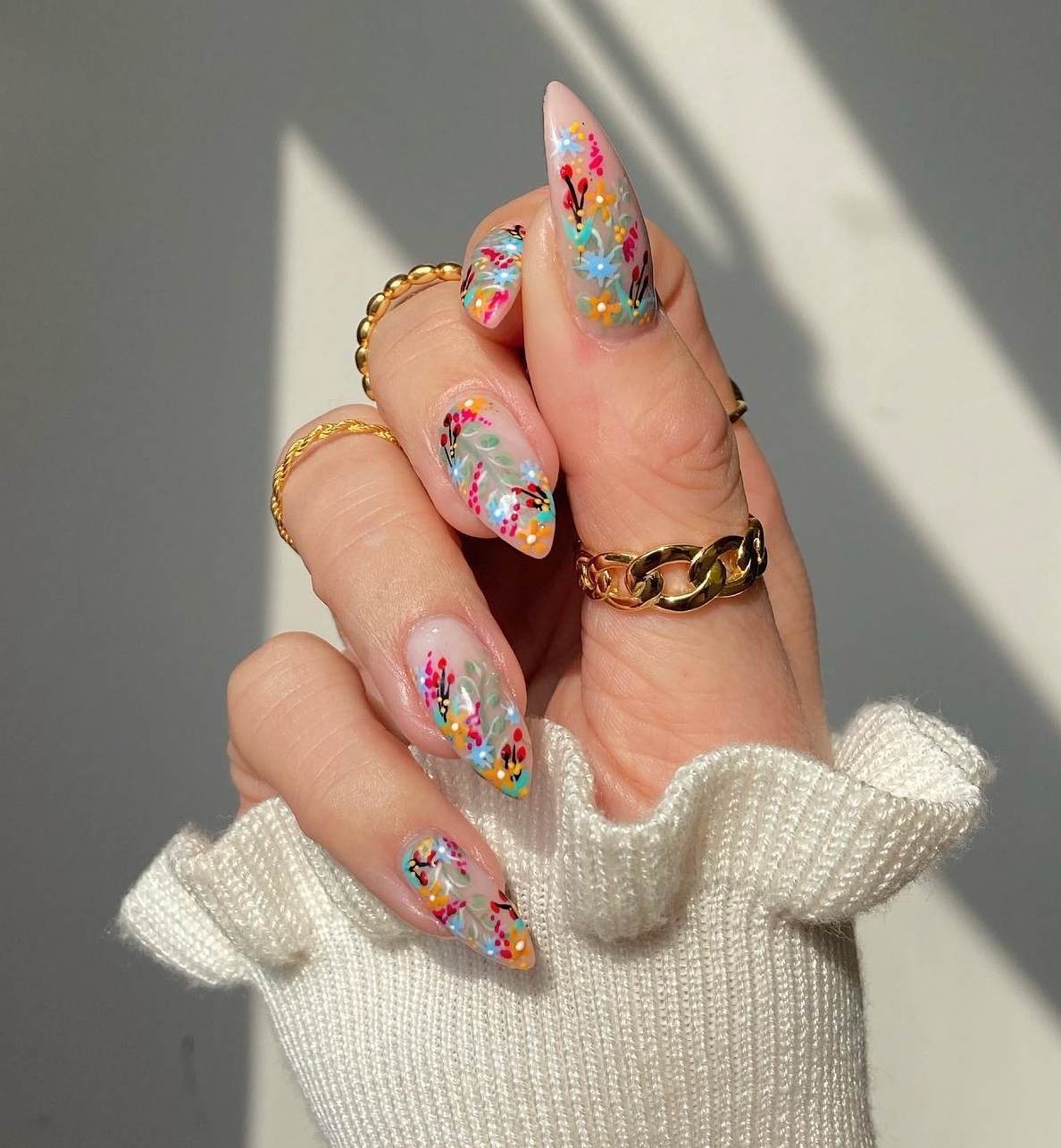 Short Stiletto Gel Nails with Floral Design