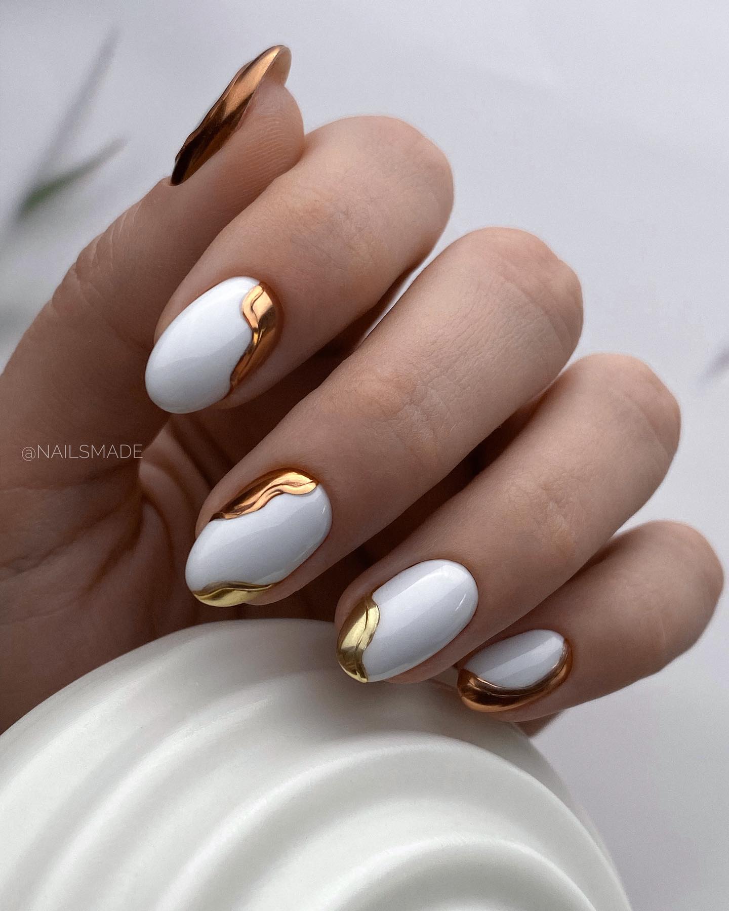 Short White and Gold Nails