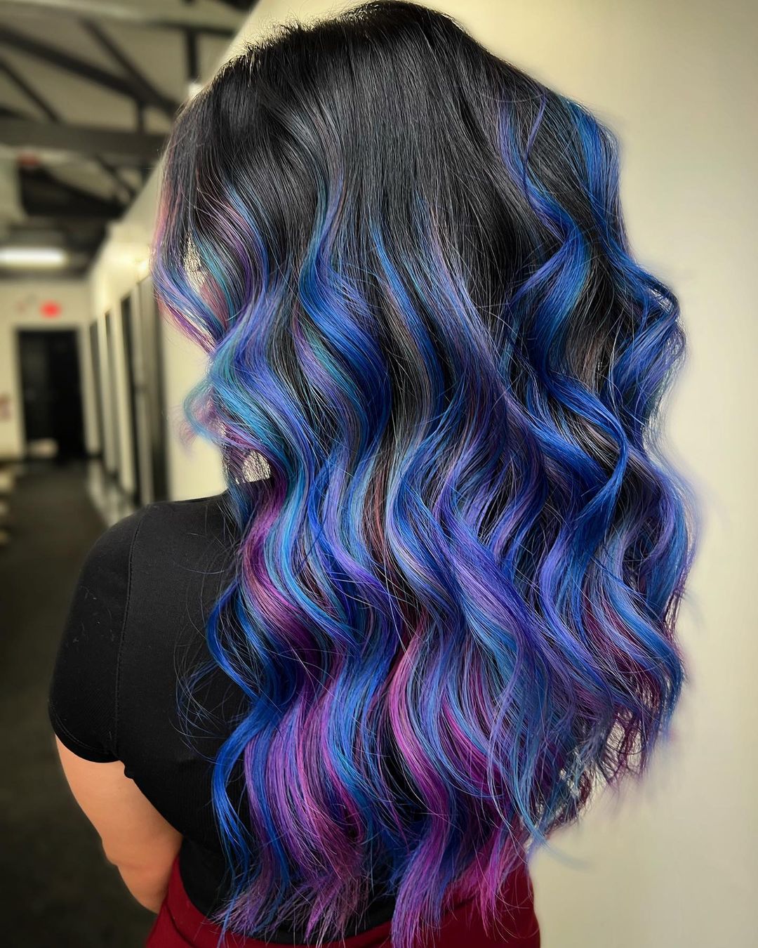 Blue and Purple Highlights with Natural Black Roots
