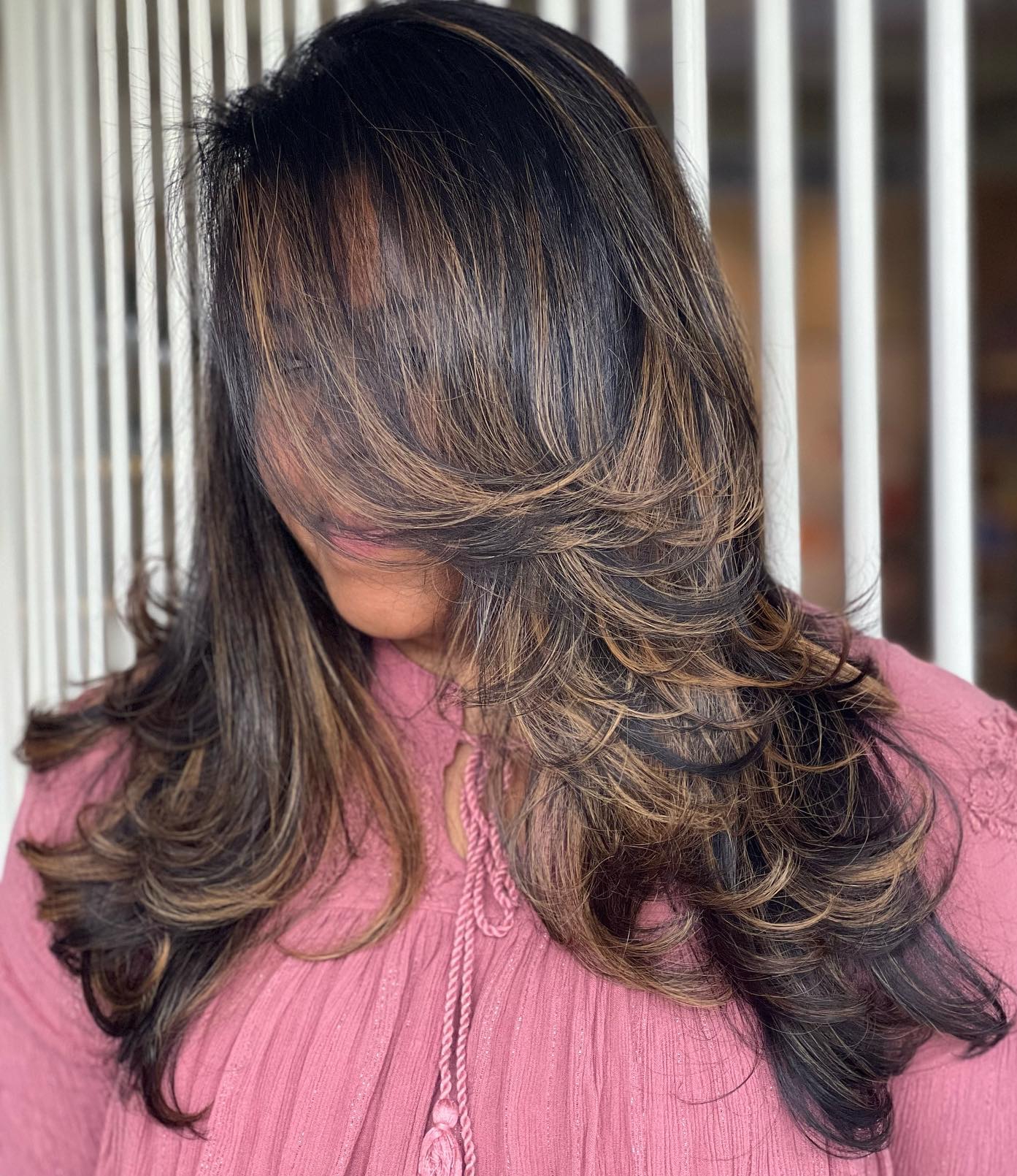 Butterfly Haircut on Black Hair with Copper Highlights