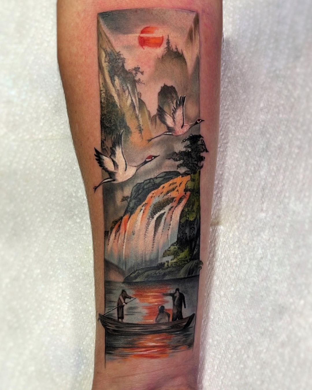 Colorful Japanese Crane Tattoo on Arm