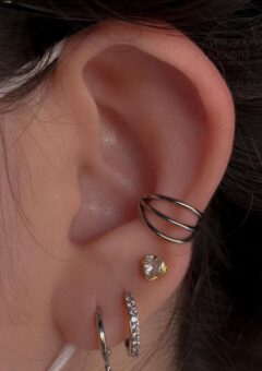 Ear Cuff Piercing with Heart-Shaped Earrings and Diamond Hoops