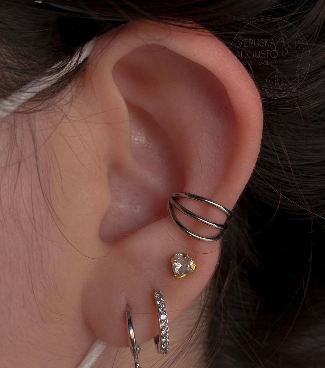 Ear Cuff Piercing with Heart-Shaped Earrings and Diamond Hoops