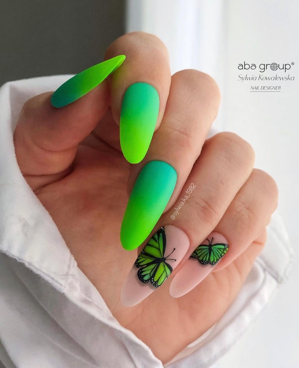 Green Ombre Nails with Butterfly Design