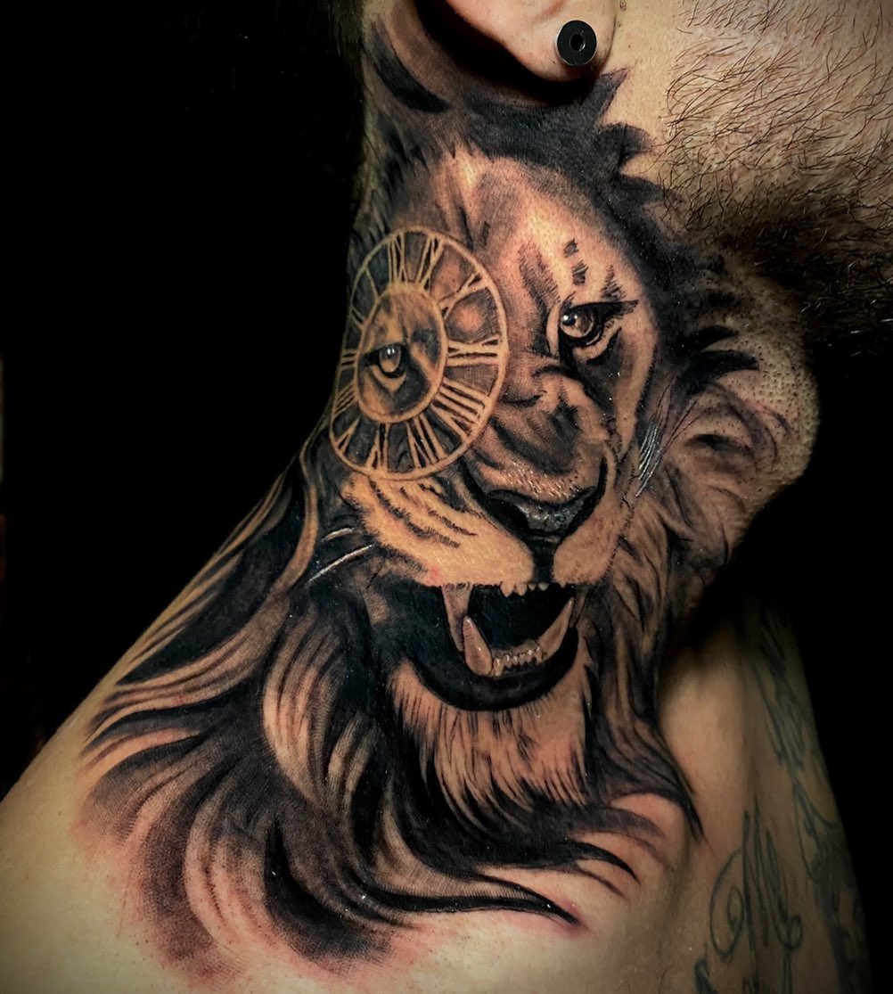 Lion Head Tattoo on Neck Side for Men