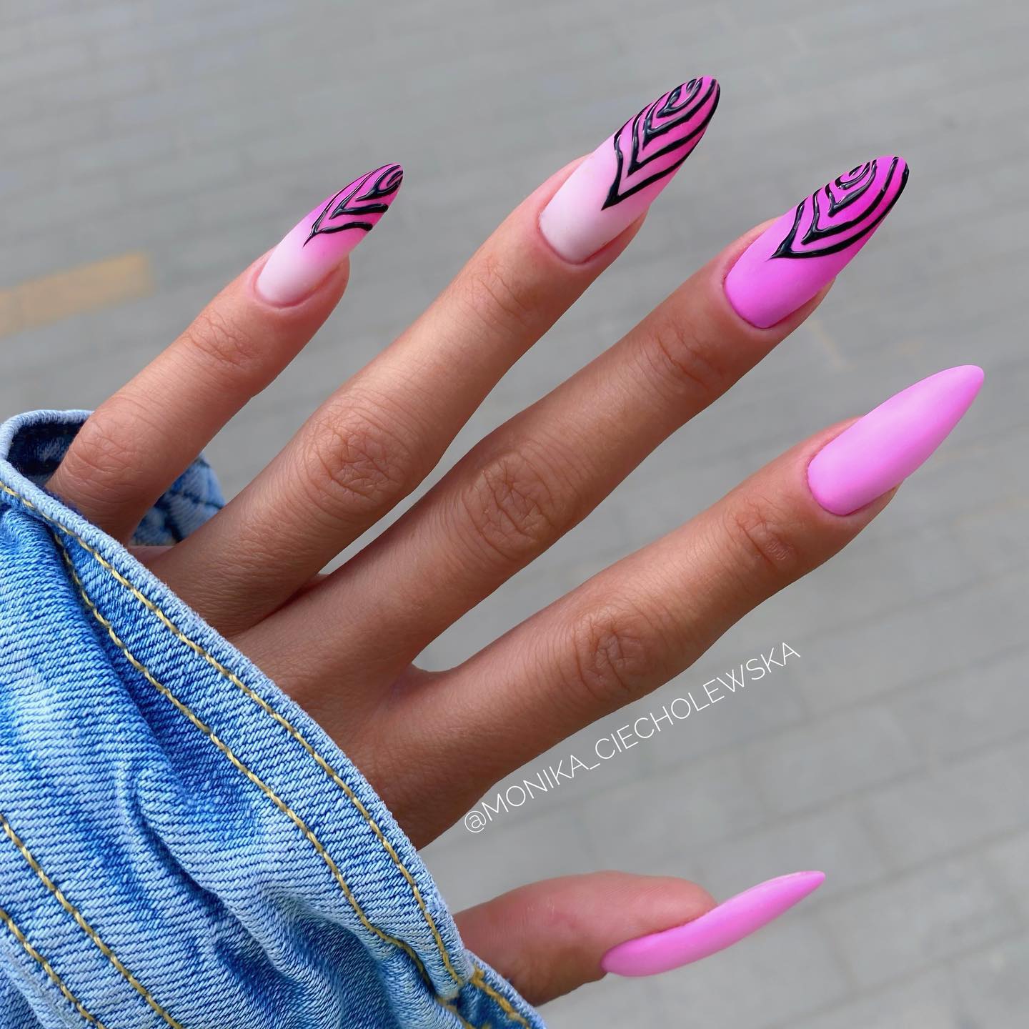 Long Acrylic Matte Pink Nails with Black Lines
