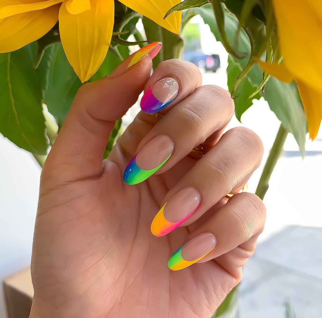 Long Round Rainbow Neon French Tip Nails