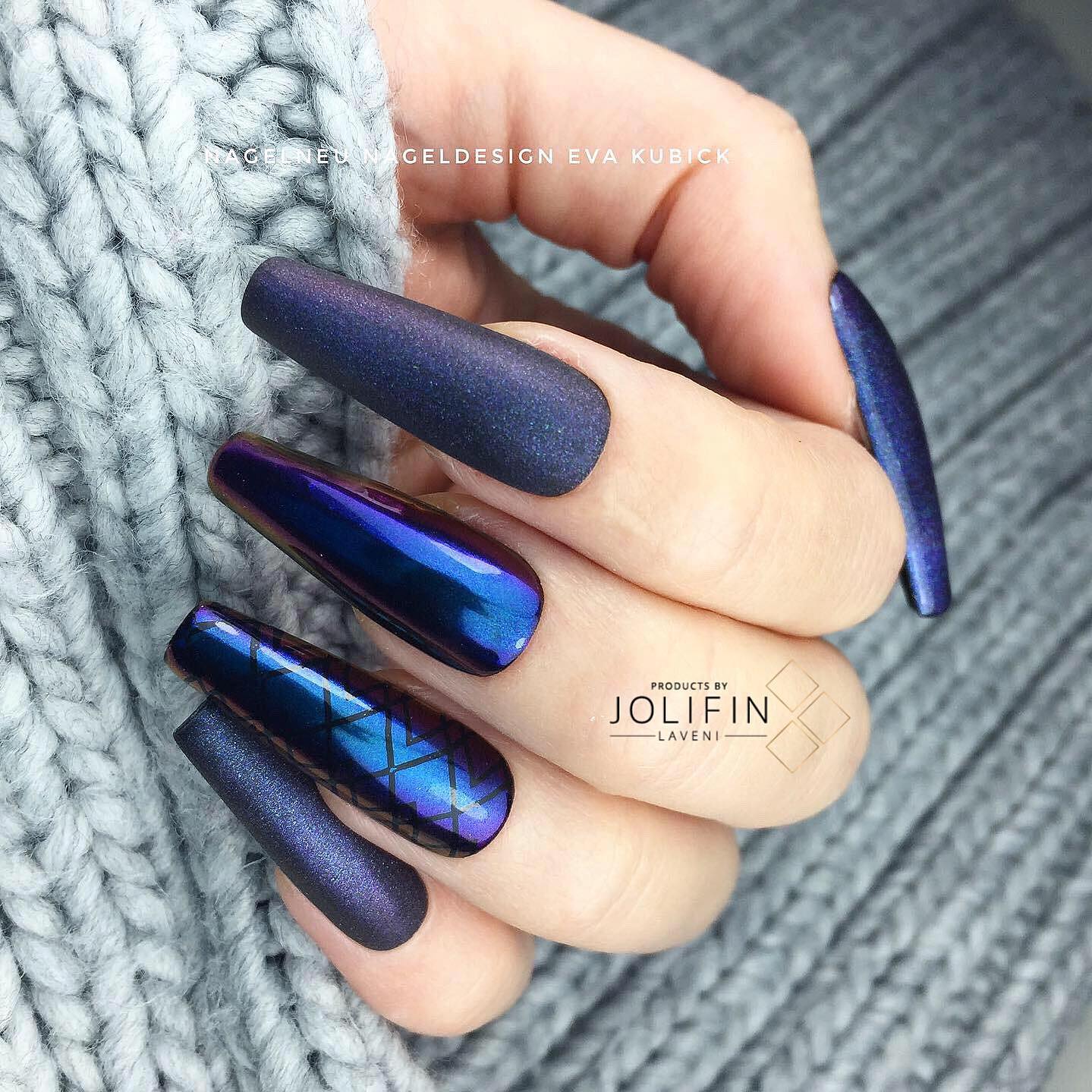 Long Square Chrome and Magnetic Dark Blue Nails