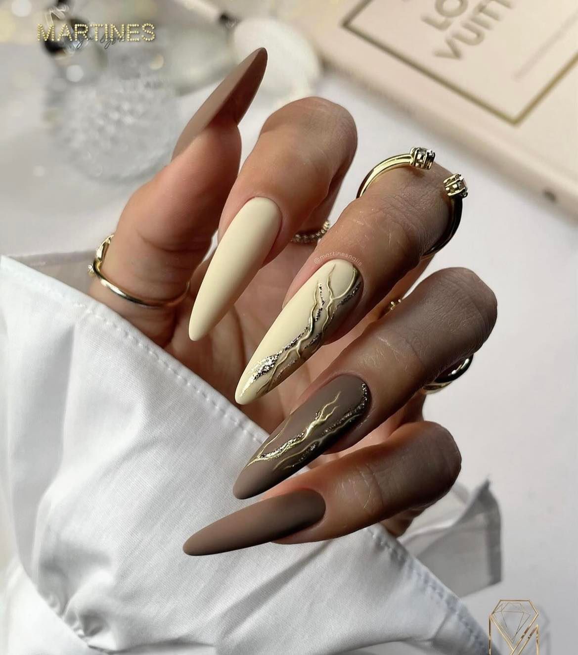 Long Stiletto Brown Nails with Gold Design
