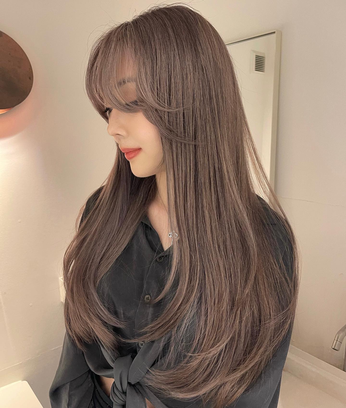 Mocha Brown Color on Long Straight Hair with Bang