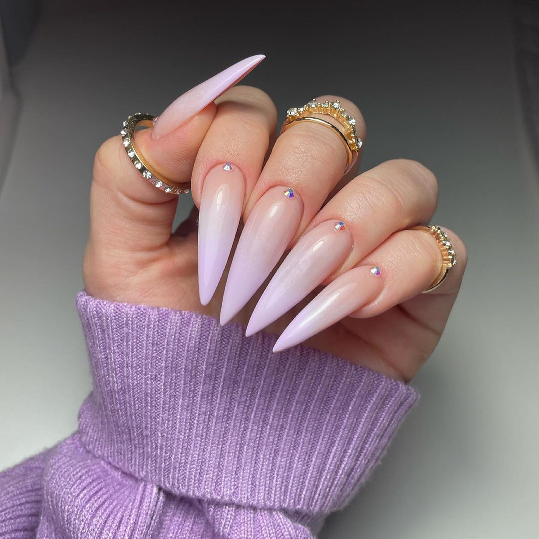 Long Stiletto Ombre Nails with Rhinestones