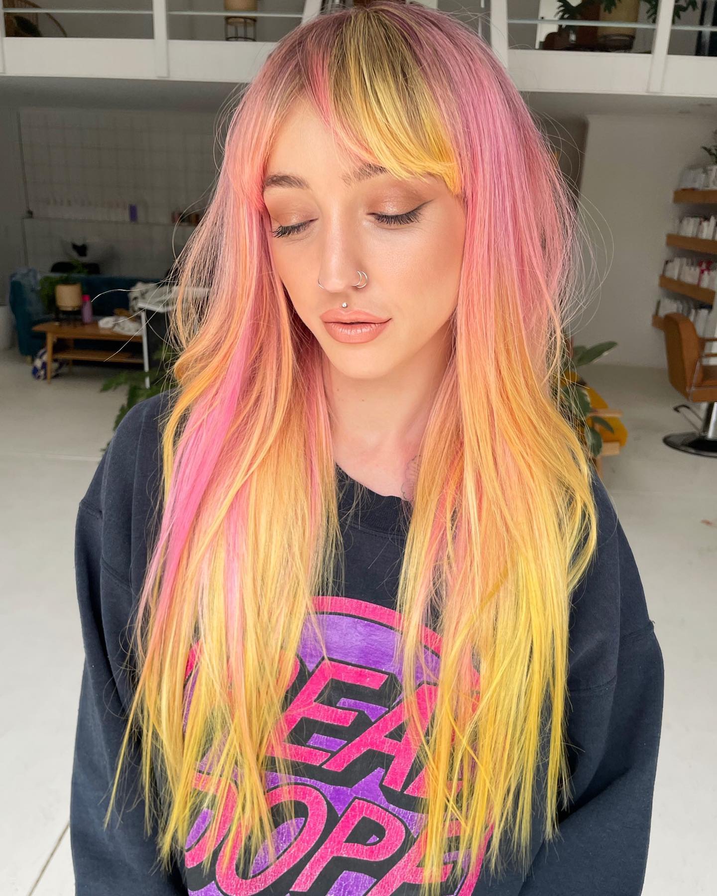 Pink and Lemon Color on Long Straight Hair