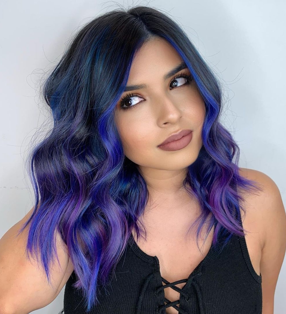 Purple and Blue Ombre on Shoulder Length Dark Hair
