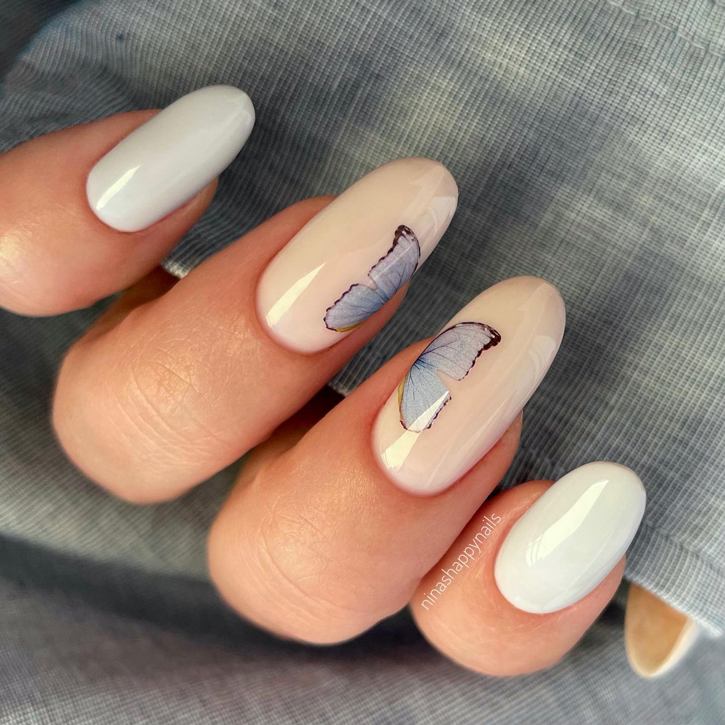 Round White Nails with Butterflies