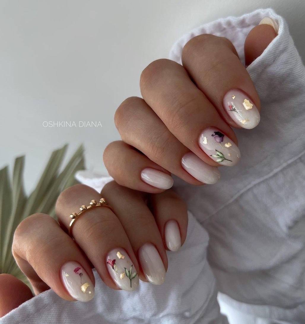 Short Milky Gel Nails with Floral Design