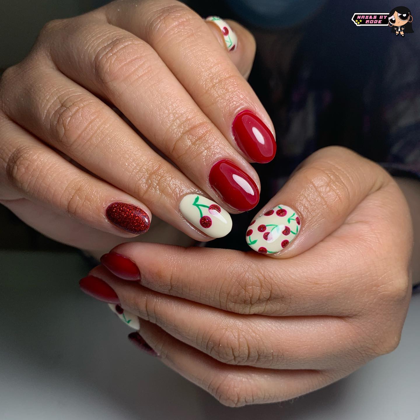 Short Red and White Nails with Cherries and Glitter