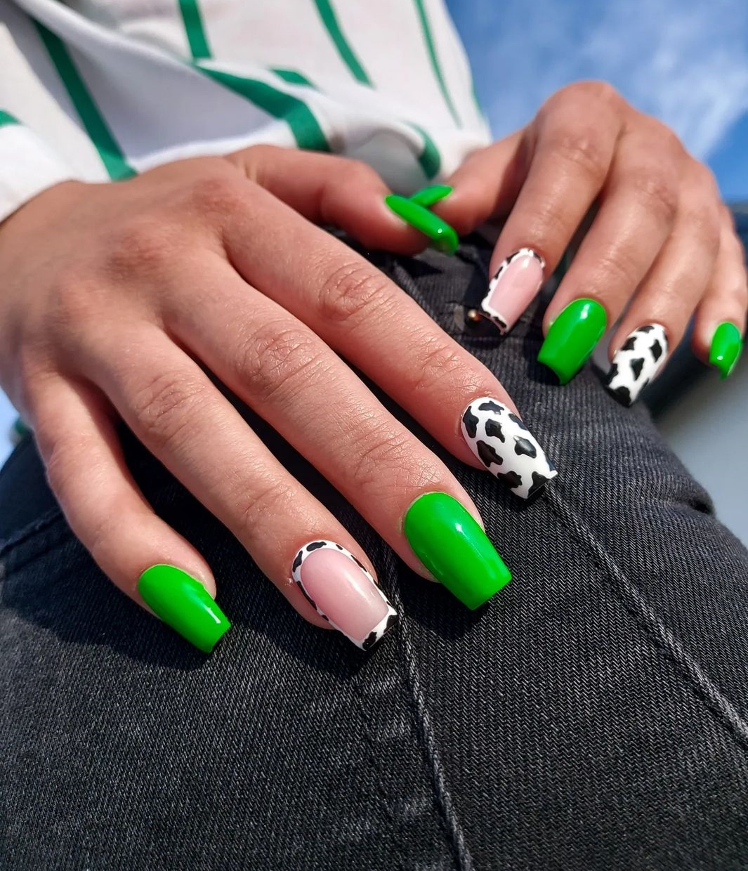 Square Neon Green Nails with Cow Print Design