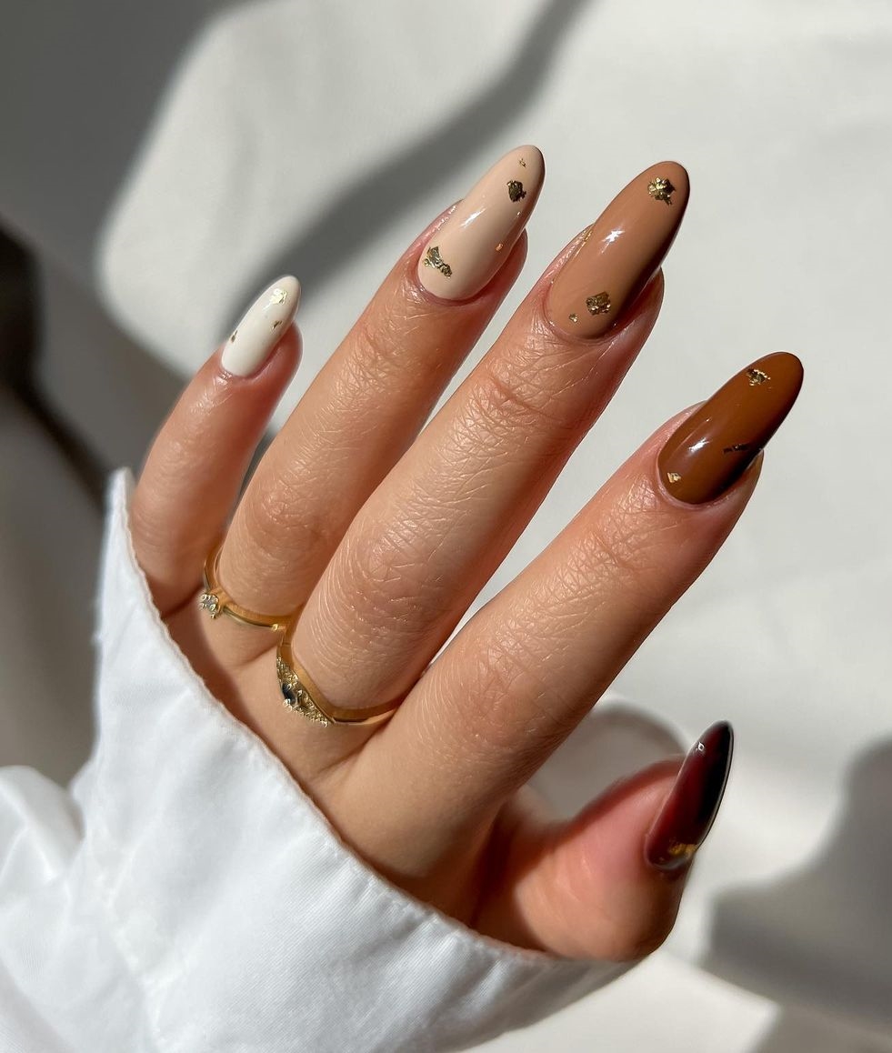 Almond Brown Nails with Gold Foil