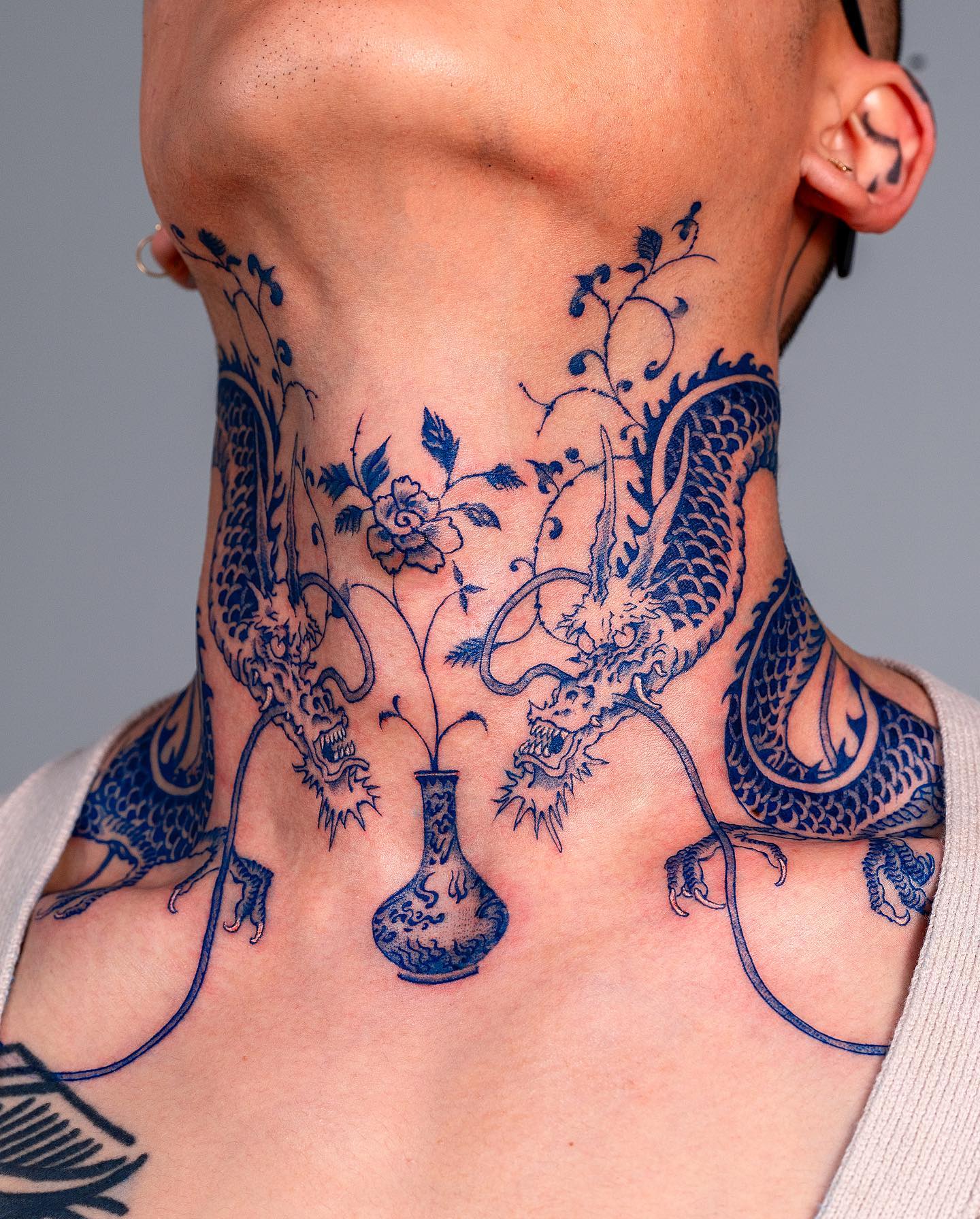 Blue Dragon Tattoo on Neck