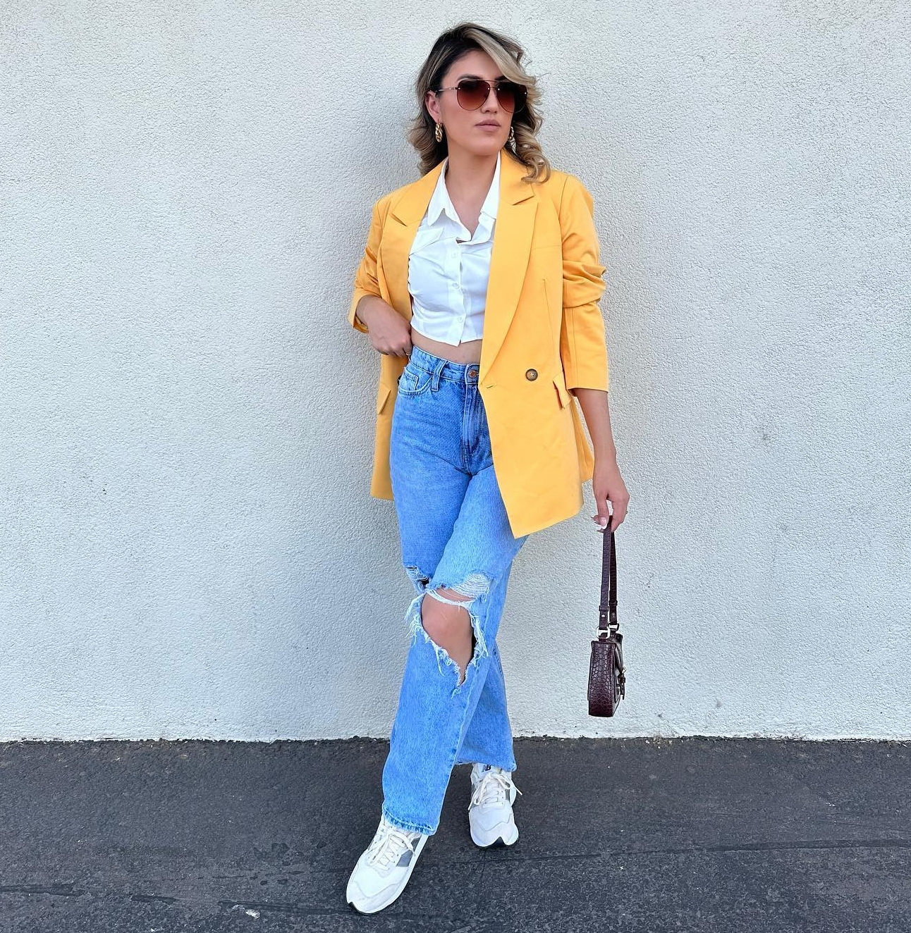 Blue Jeans with Long Yellow Jacket and White Blouse