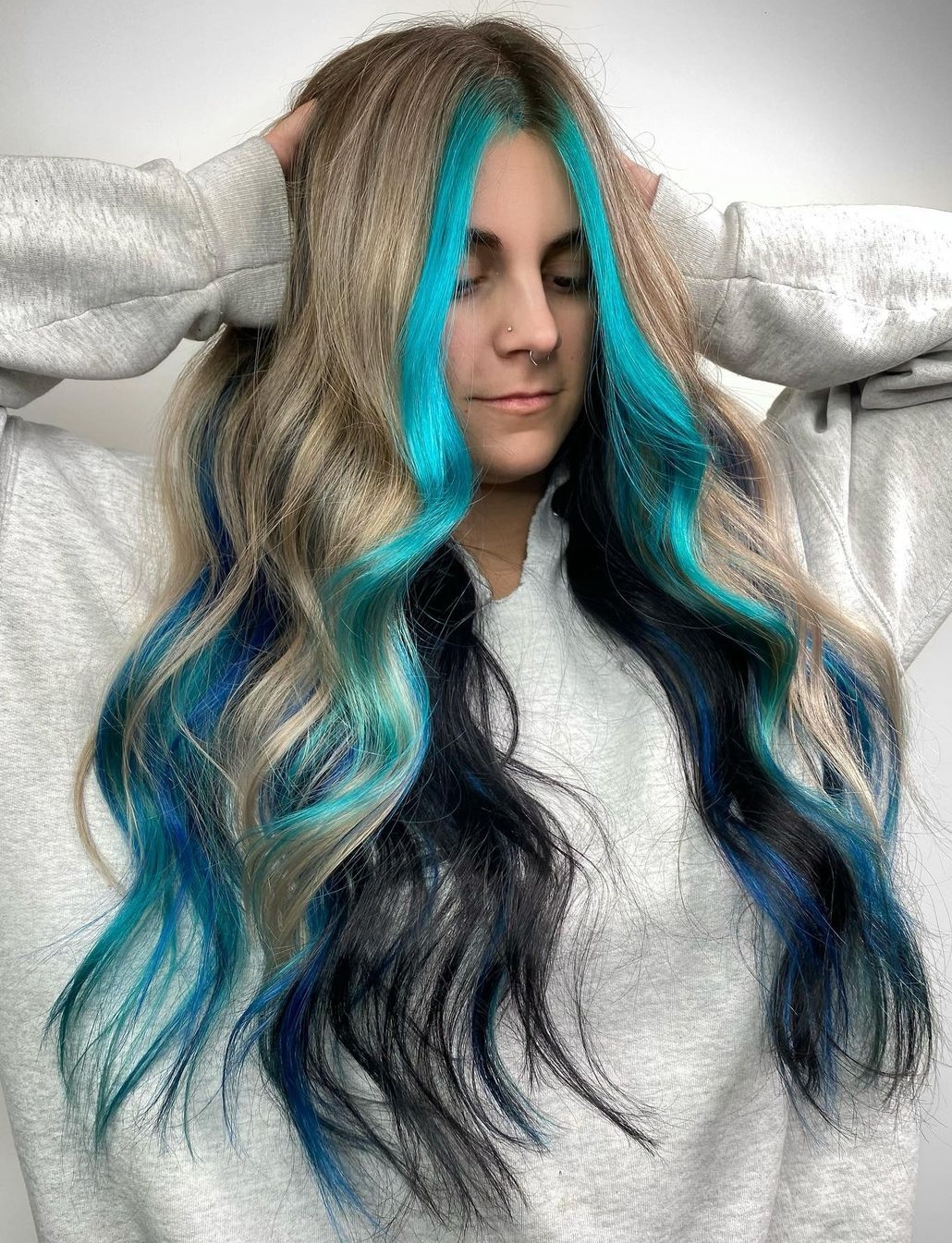 Blue Money Piece Highlights on Long Blonde Hair