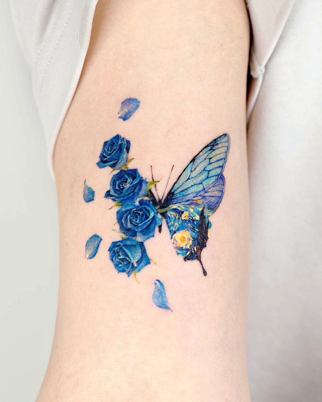 Blue Rose and Butterfly Tattoo Combo