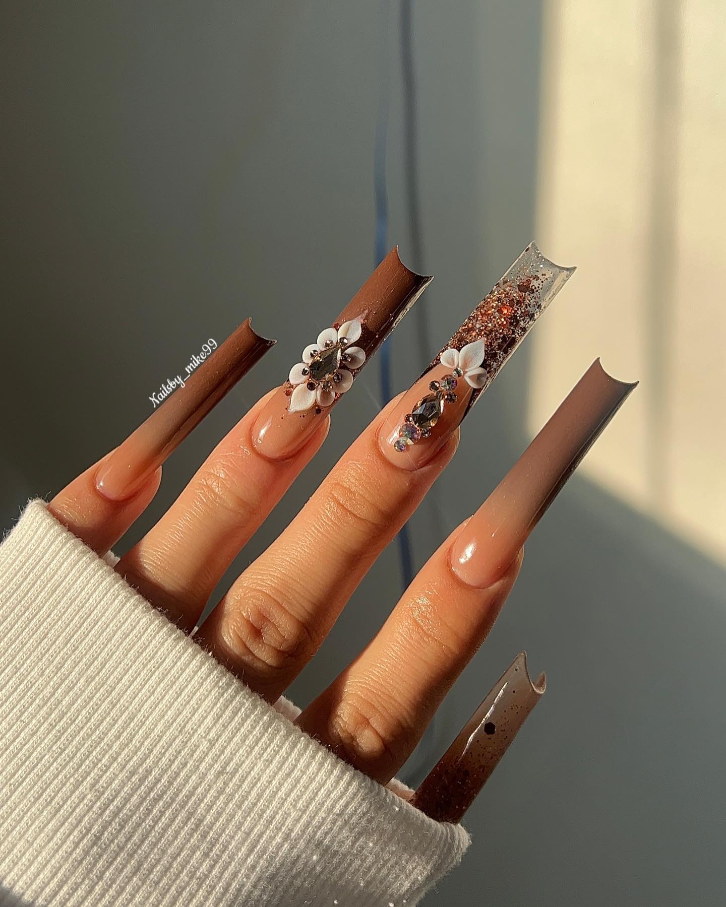 Coffin Brown Acrylic Nails with Floral Design