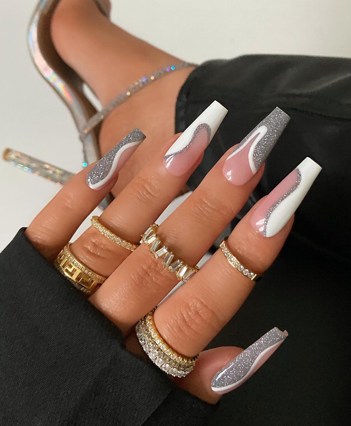 Coffin Glitter Grey Nails with White Tips