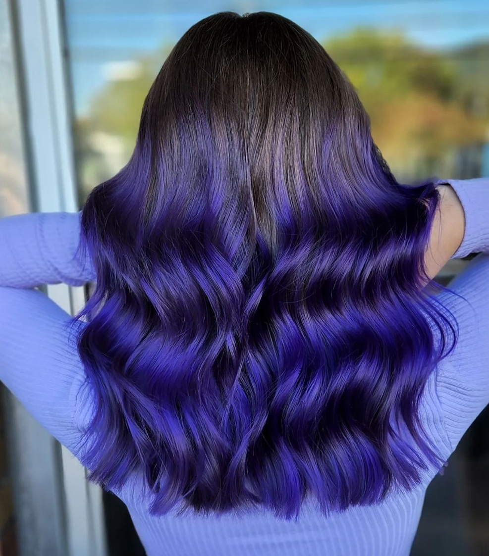 Dark Purple Ombre on Dark Wavy Hair
