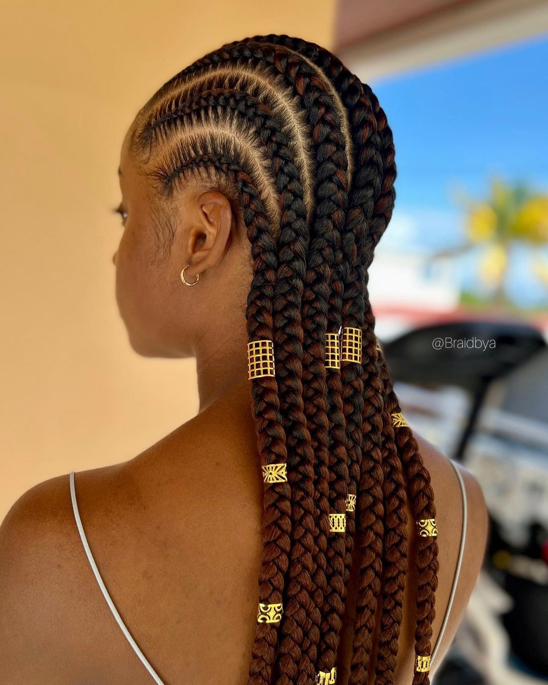 Eight Stitch Braids on Long Black Hair with Brown Highlights
