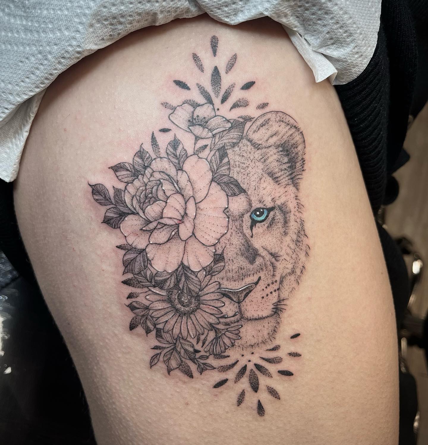 Half Lion Half Flowers Tattoo