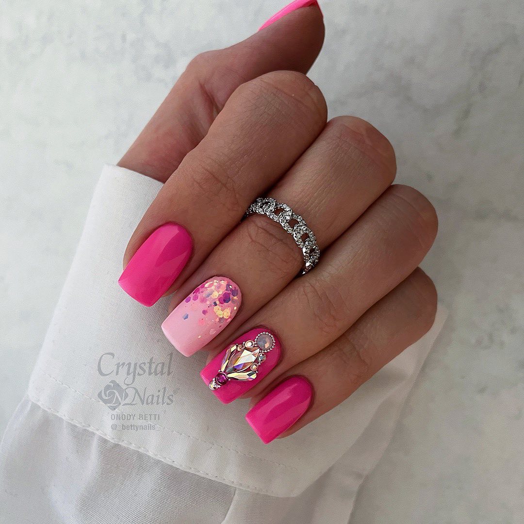 Hot Pink Nails with Diamonds